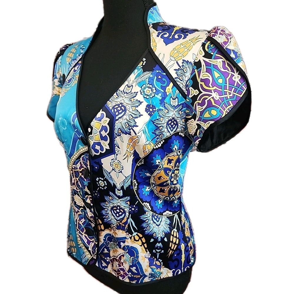 Mandarin Collar Shirt Womens Blouse 100% Silk Sz 6‎ Maximalism Royal Old Money